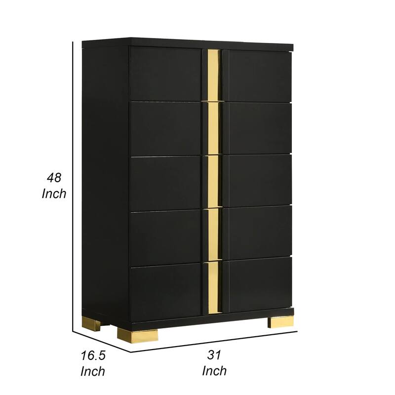 Yoki Tall Dresser Chest, 5 Drawers, Modern Glam Black and Gold
