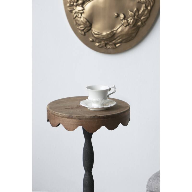 D10.5x25.5" Black Iron Side Table with Scalloped Brown Wooden Top