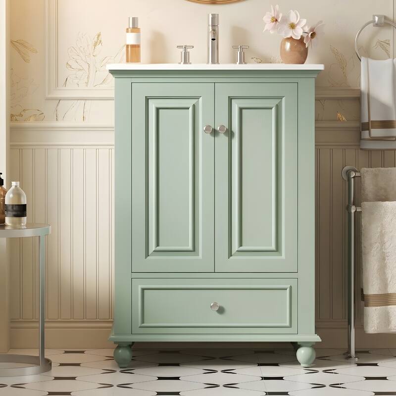 Bathroom Vanity with Ceramic Sink, Bathroom Storage Cabinet with Soft Closing Doors - Green