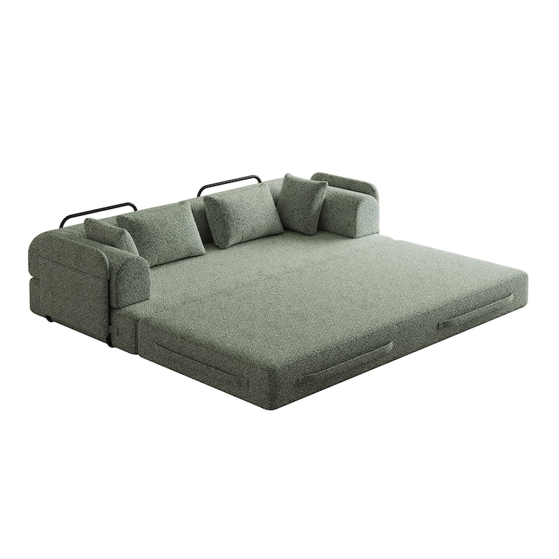 Chenille Floor Lounge Couch Convertible Sleeper Sofa Bed Folding Mattress with Cylindrical Pillow, Side Pocke and Metal Frame