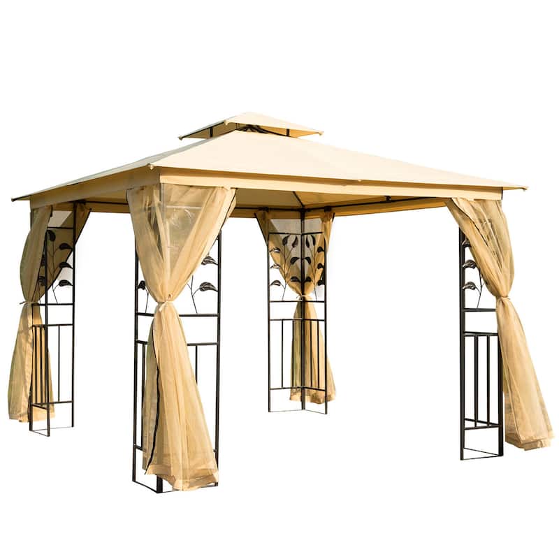 10x10ft Double Roof Metal Gazebo with Netting, Ideal for Outdoor Gatherings - Beige