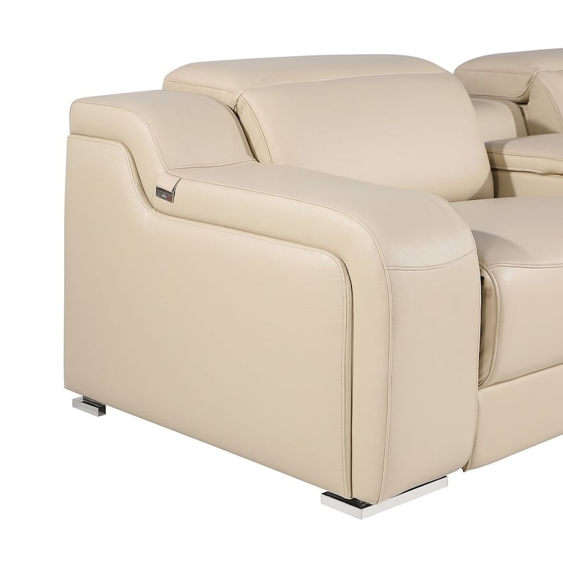 HomeRoots Beige Italian Leather Power Reclining U Shaped Eight Piece Corner Sectional With Console