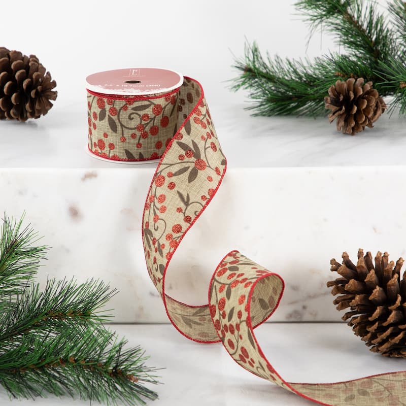Brown and Red Berry Wired Craft Christmas Ribbon 2.5" x 10 Yards