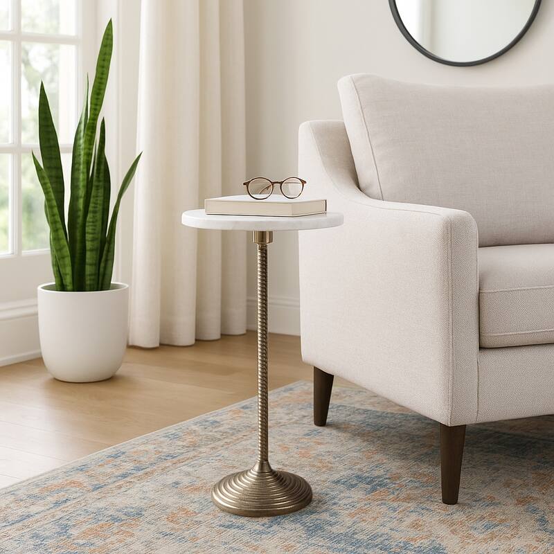 Metal and Stone Accent Table with Aluminum Base - Modern Stylish Side Table for Home Decor - White - 26.0"
