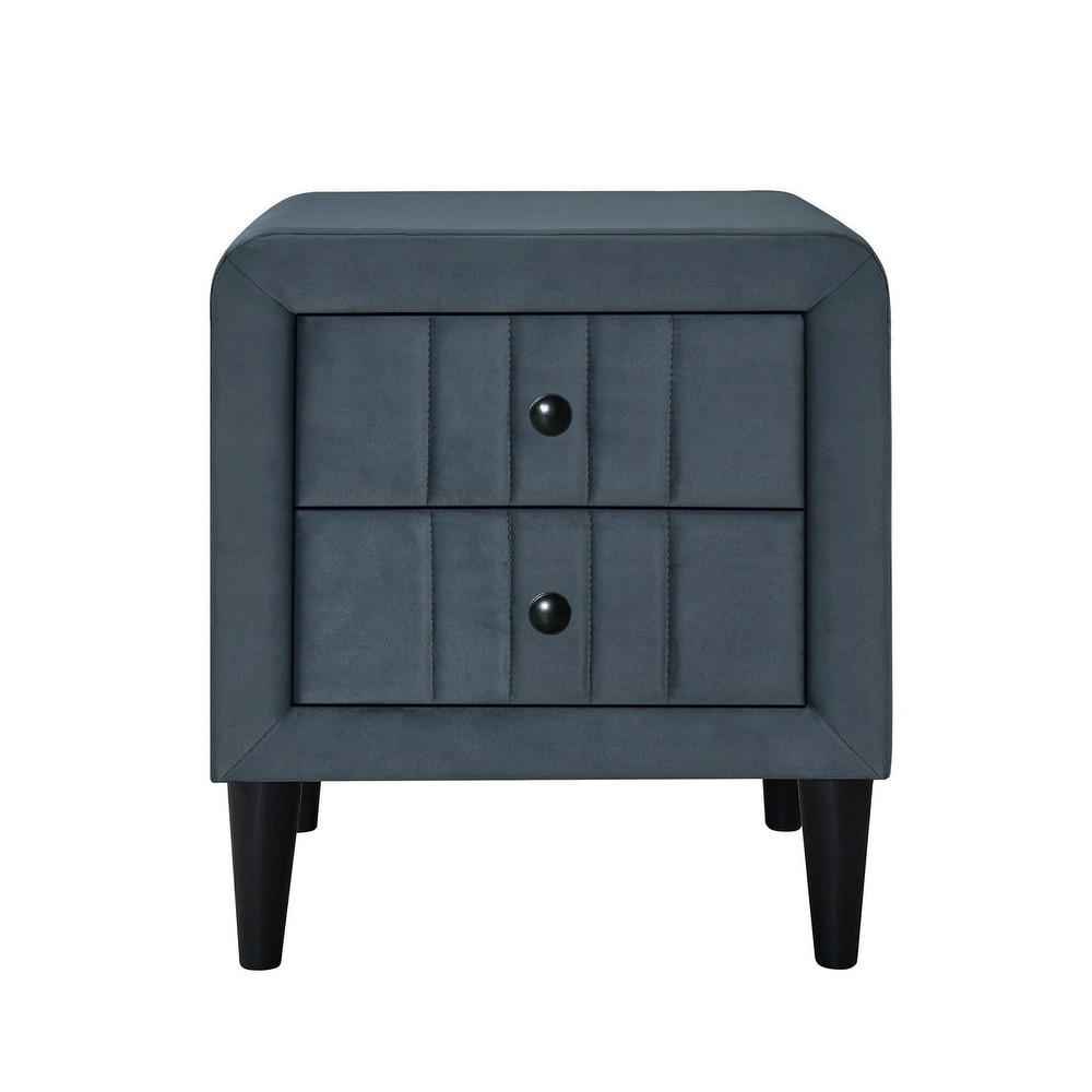 2 Drawers Brushed Linen Fabric Nightstand with Tapered Shape Legs