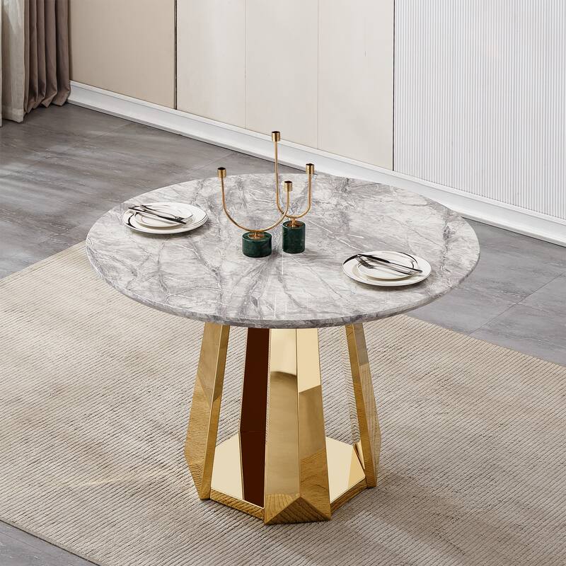 47" Round Dining Table with Faux Marble Tabletop and Stainless Steel Base - Grey+Gold