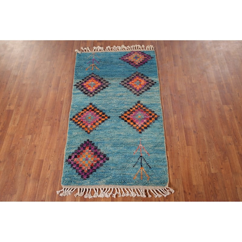 Plush Geometric Blue Moroccan Accent Rug Hand-Knotted Wool Carpet - 3'1" x 5'7"