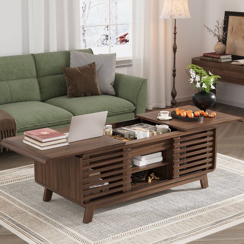 Gymojoy 47" Mid Century Modern Coffee Table with Sliding Door Storage, Walnut Center Table