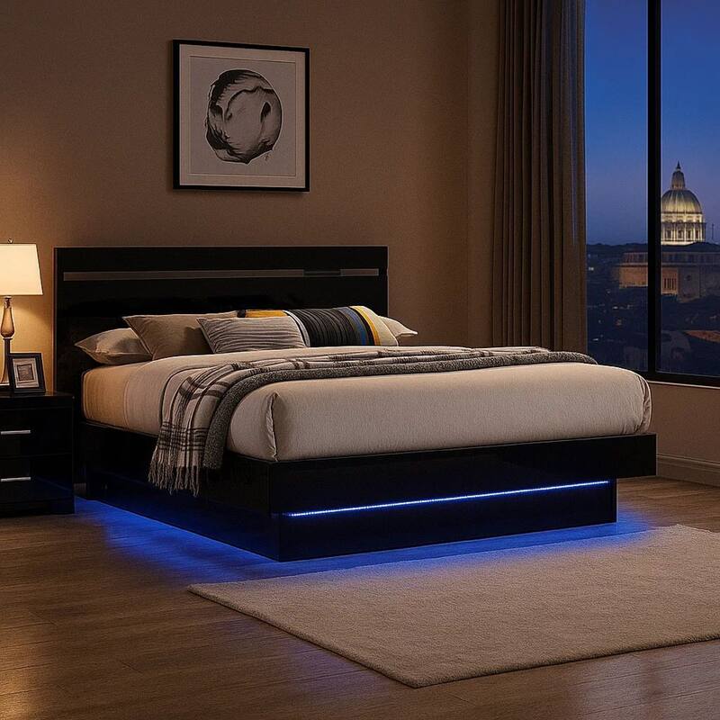 Pero King Size Bed w Silver Trimmed Headboard, LED Footboard, Black