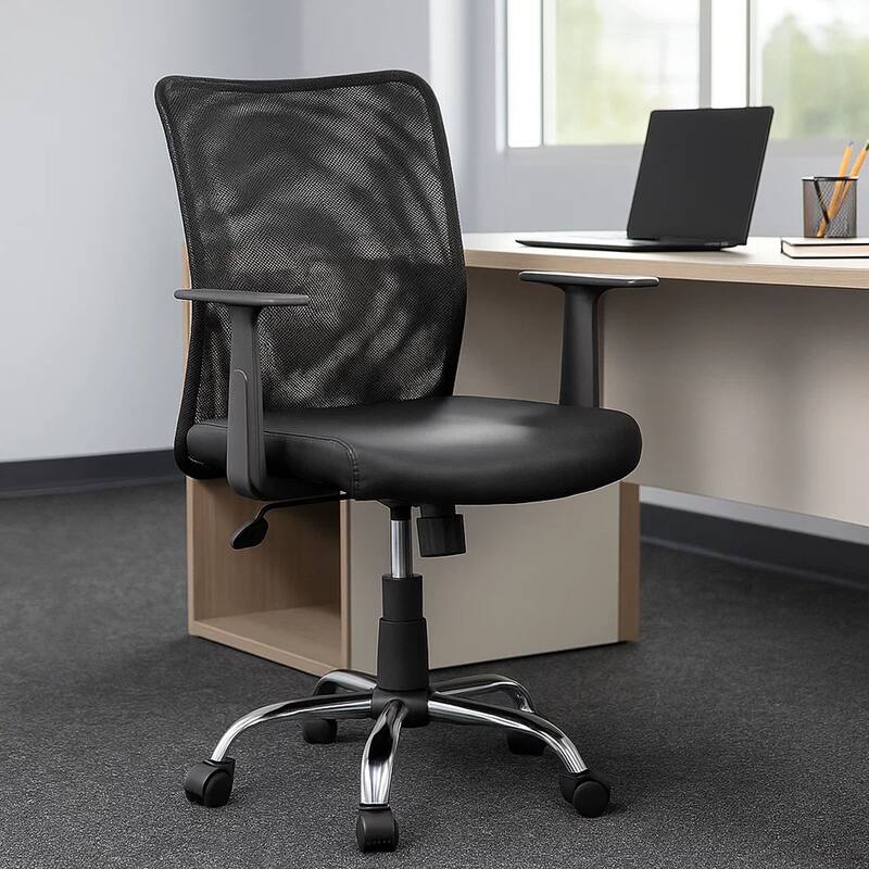 Lene Task Chair, T-Arms, Black Mesh and Caressoft Vinyl, Spring Tilt