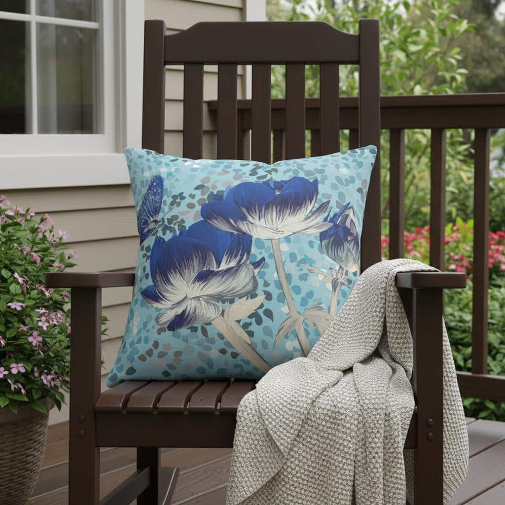 HomeRoots 16" x 16" Blue Butterfly Blown Seam Floral Indoor Outdoor Throw Pillow - 16.00' X '5.00' X '16.00