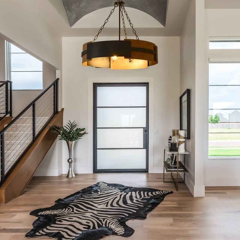 Farmhouse Drum Chandelier Wood Grain Rustic Industrial Round Metal Pendant Light