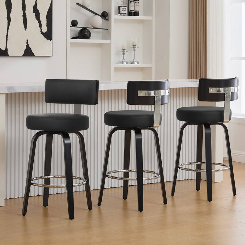 Upholstered Swivel Counter/ Bar Stools with T-Shaped Backrest - Set of 3 - Black - Counter Height