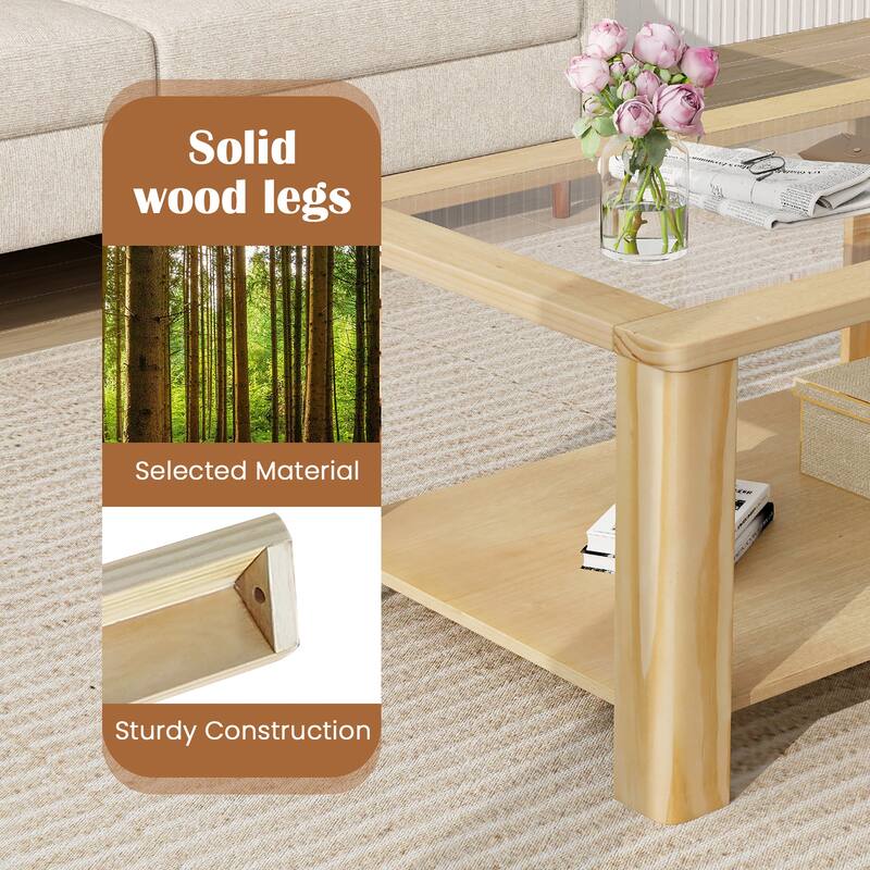 Gymax 2-Tier Coffee Table w/ Tempered Glass Tabletop & Storage Shelf