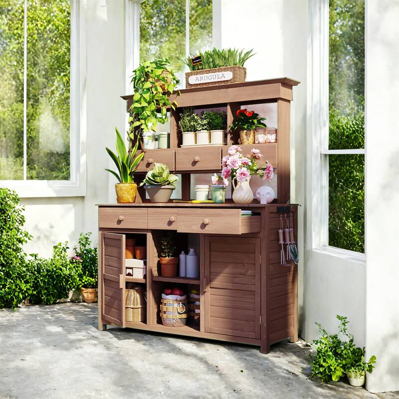 65.7'' H Tall Garden Potting Bench Table with Hutch Patio Storage Workstation for Mudroom Doorway - Brown