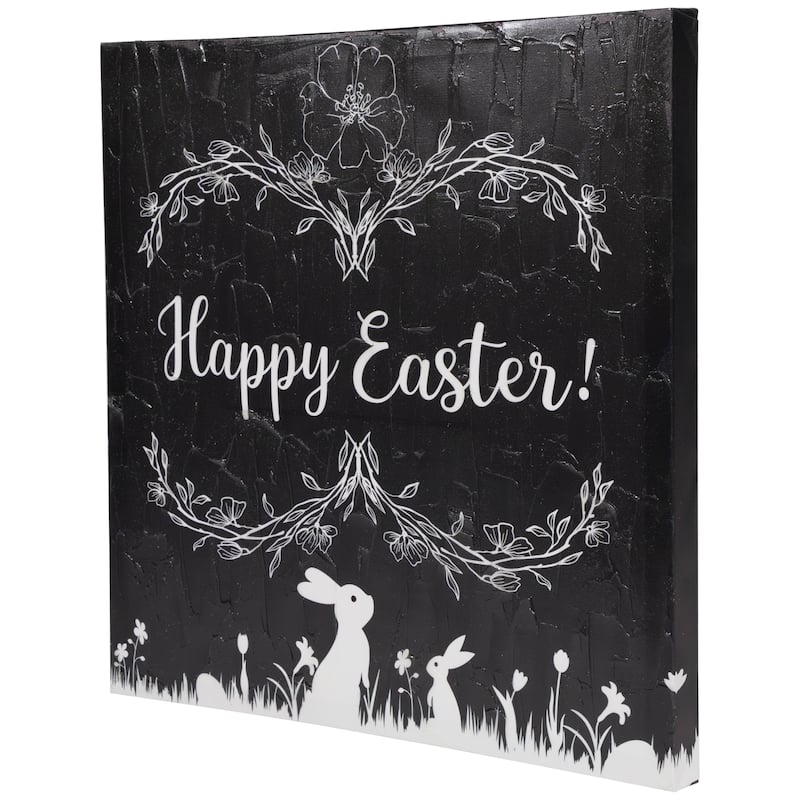 Black and White Happy Easter Bunnies Canvas Wall Art 17.75" x 17.75"