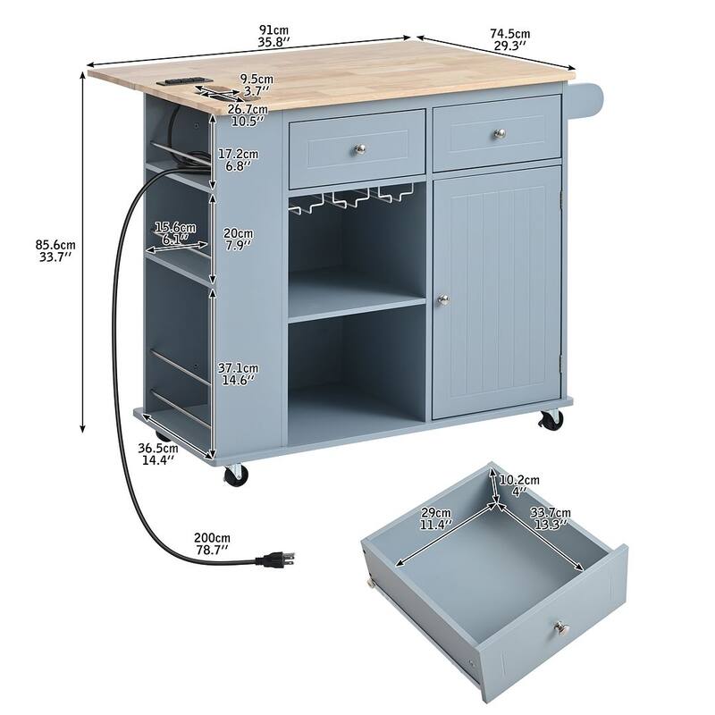 47" Modern Kitchen Cart with Electrical Outlet, Rubberwood Kitchen Island with Drop Leaf and Adjustable Storage Cabinet