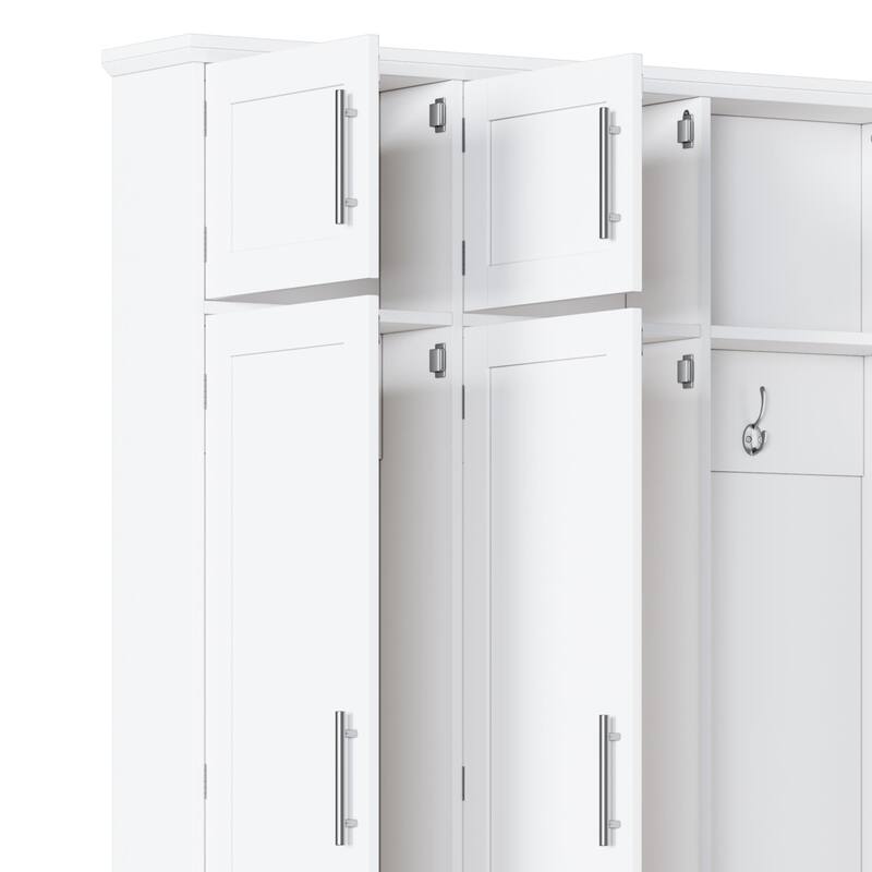 Farmhouse Hall Tree with 4 Hidden Hanging Hooks,Versatile Seating Bench with 8 Doors,Entryway Shoe Cabinet with Open Compartment