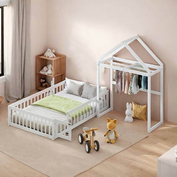 slide 2 of 23, Montessori Wooden Floor Bed with Detachable House-Shaped Headboard, Full Size Bed with Dress Up Rack for Kids Playhouse, White White