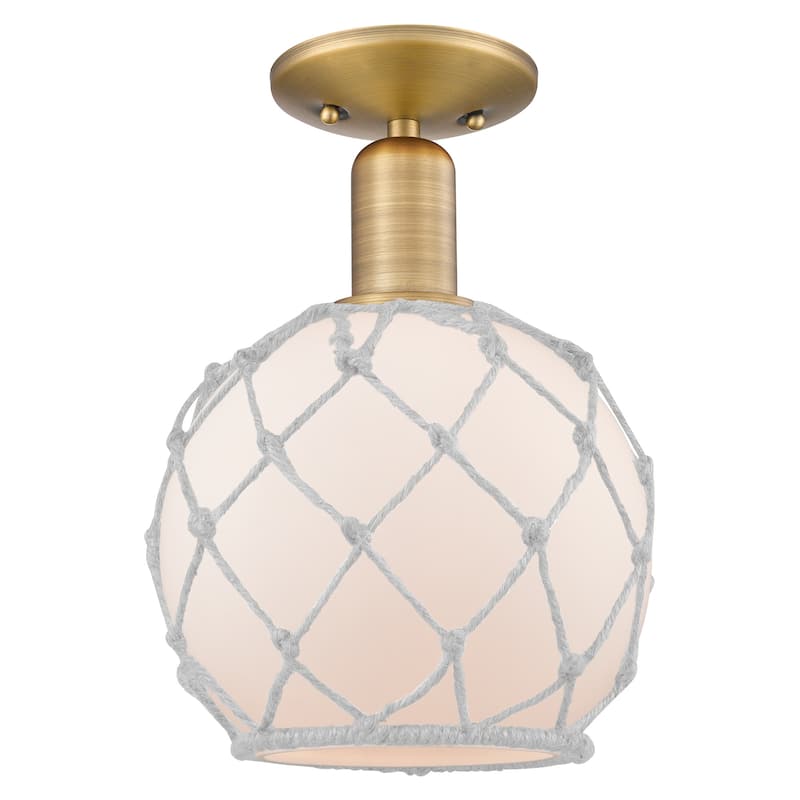 Innovations Lighting 716-1C-12-8 Farmhouse Rope Semi-Flush Farmhouse - Brushed Brass / White Glass with White Rope