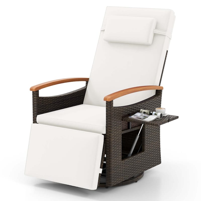 Reclining Patio Chairs Outdoor Swivel Recliner Chair w/ Armrests - White