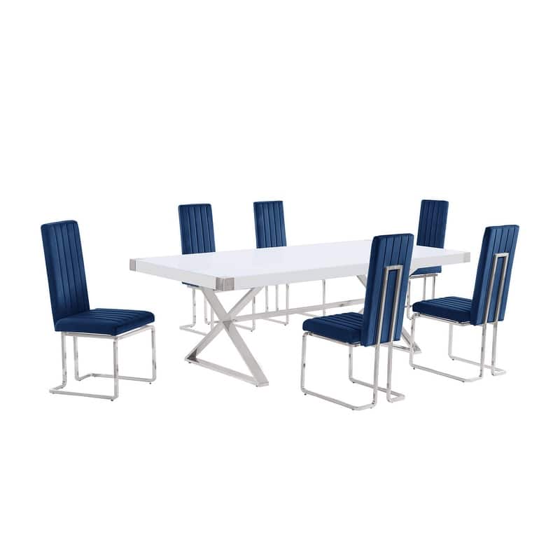 Best Quality Furniture D442/3-SC340-7 Dining Set with 94" White Lacquer Wood Top