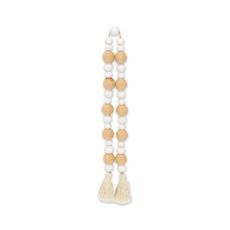 Kira White Wood and Brown Fabric Beaded Garland - N/A