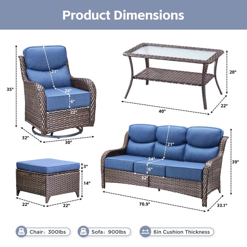 Arcadia 8-Piece Wicker Patio Conversation Set with Swivel Gliders and 6-Inch Thick Olefin Cushions