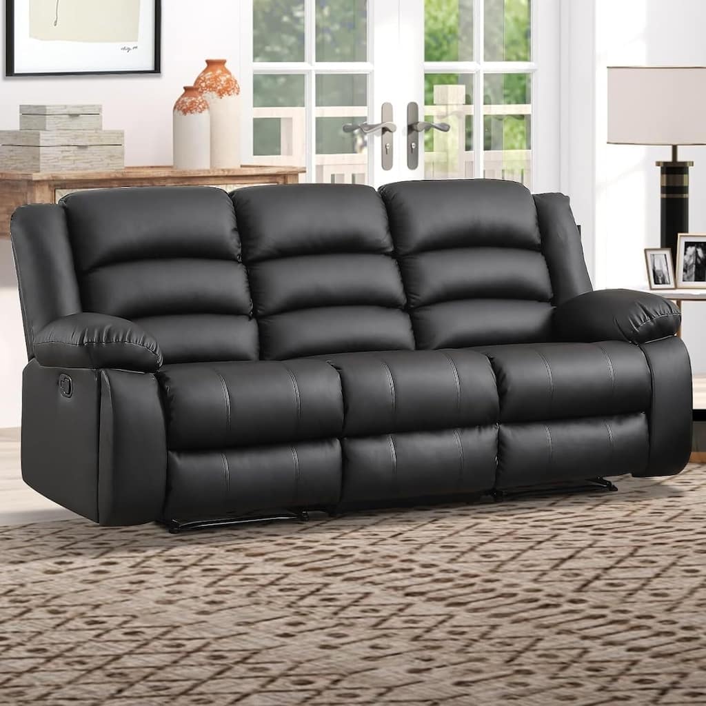 Faux Leather Manual Reclining Sofa with 2 Concealed Cup Holders, Overstuffed Armrest 3 Seat Recliner Couch for Living Room