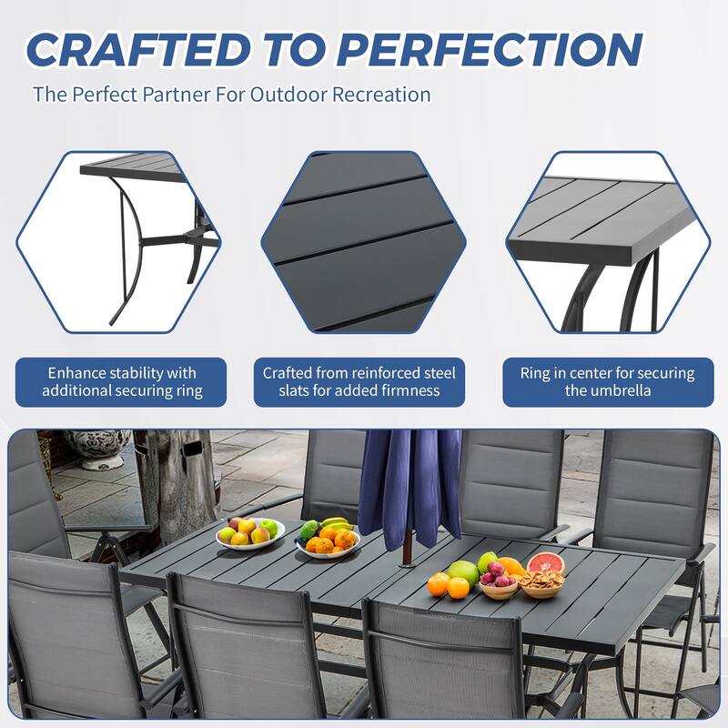 Versatile Outdoor Dining Sets w Swivel/Folding Chairs & Steel Slat Table and HDPE Dining Table Set for Gardens, Patios