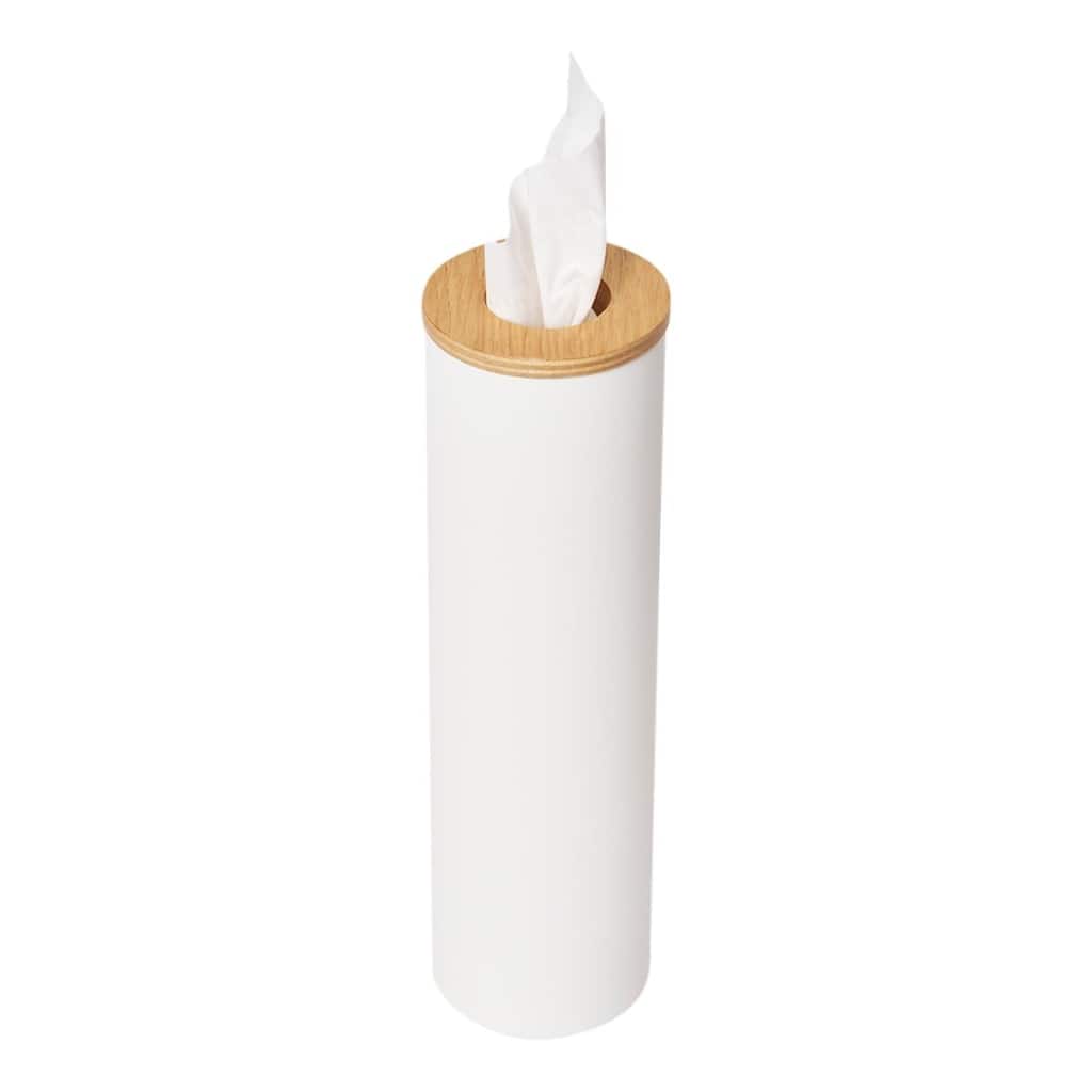 Yamazaki Home Round Tissue Case, Steel and Wood, Small, Lid - L 2.76 x W 2.76 x H 9.37 inches