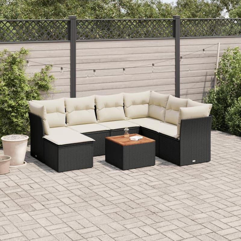 vidaXL Patio Sofa Set with Cushions Outdoor Furniture 8 Piece Poly Rattan - 21.7 x 21.7 x 14.6 - Black and Cream-3x middle+table+3x corner