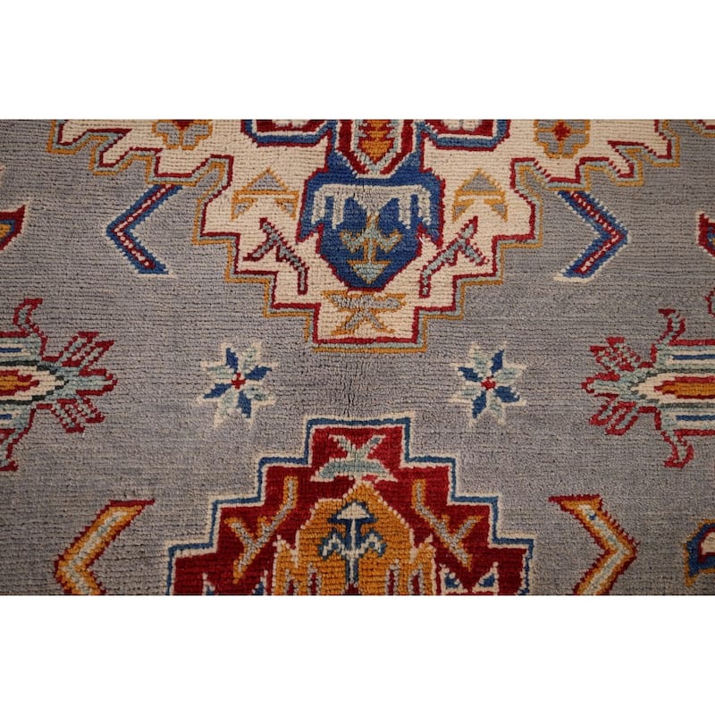 Geometric Kazak Rug Hand-Knotted Grey Traditional Wool Carpet - 5'10" x 8'4"
