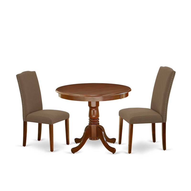Round Dining Table Set - 36 Inch Table & 2 Chairs - Linen Fabric - Dark Coffee Finish