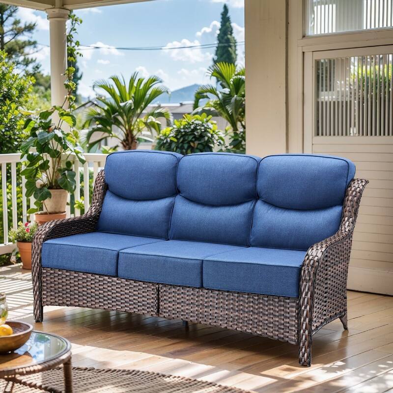 Arcadia 3-Seat Handwoven Wicker Patio Sofa with 6-Inch Thick Cushions - Navy Blue Cushions - Brown Wicker