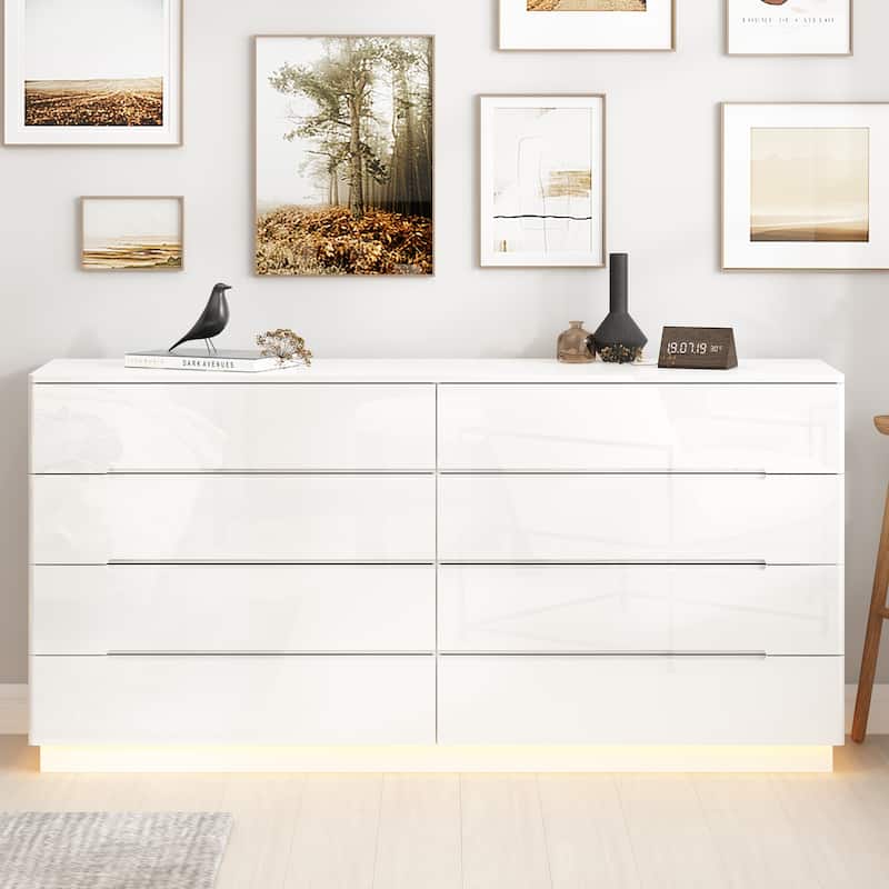 8 Drawer Double Dresser Dressers with High Gloss Drawers With Light