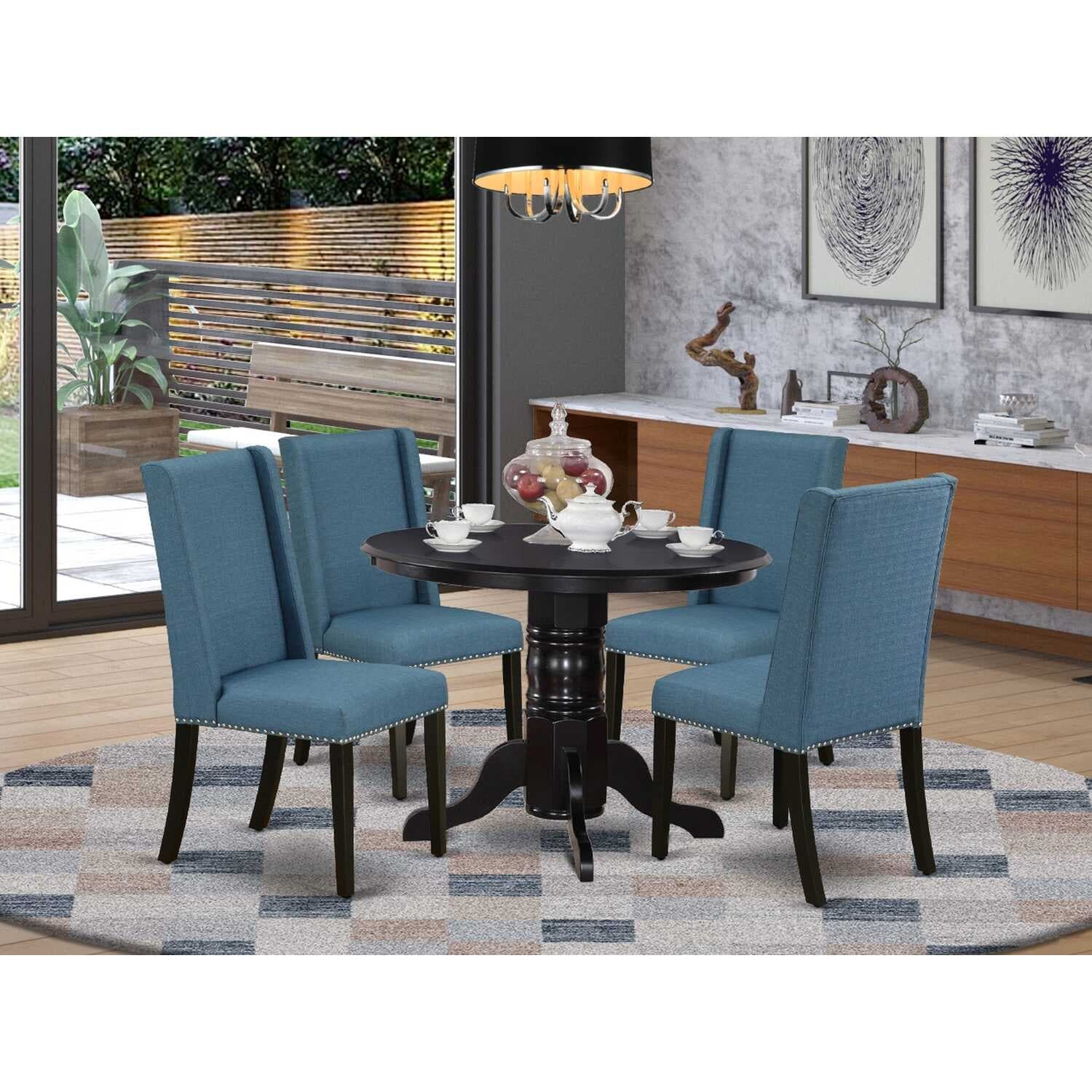 HomeStock 5-Piece Black Finish Solid Wood Top Dining table with 4-Chairs