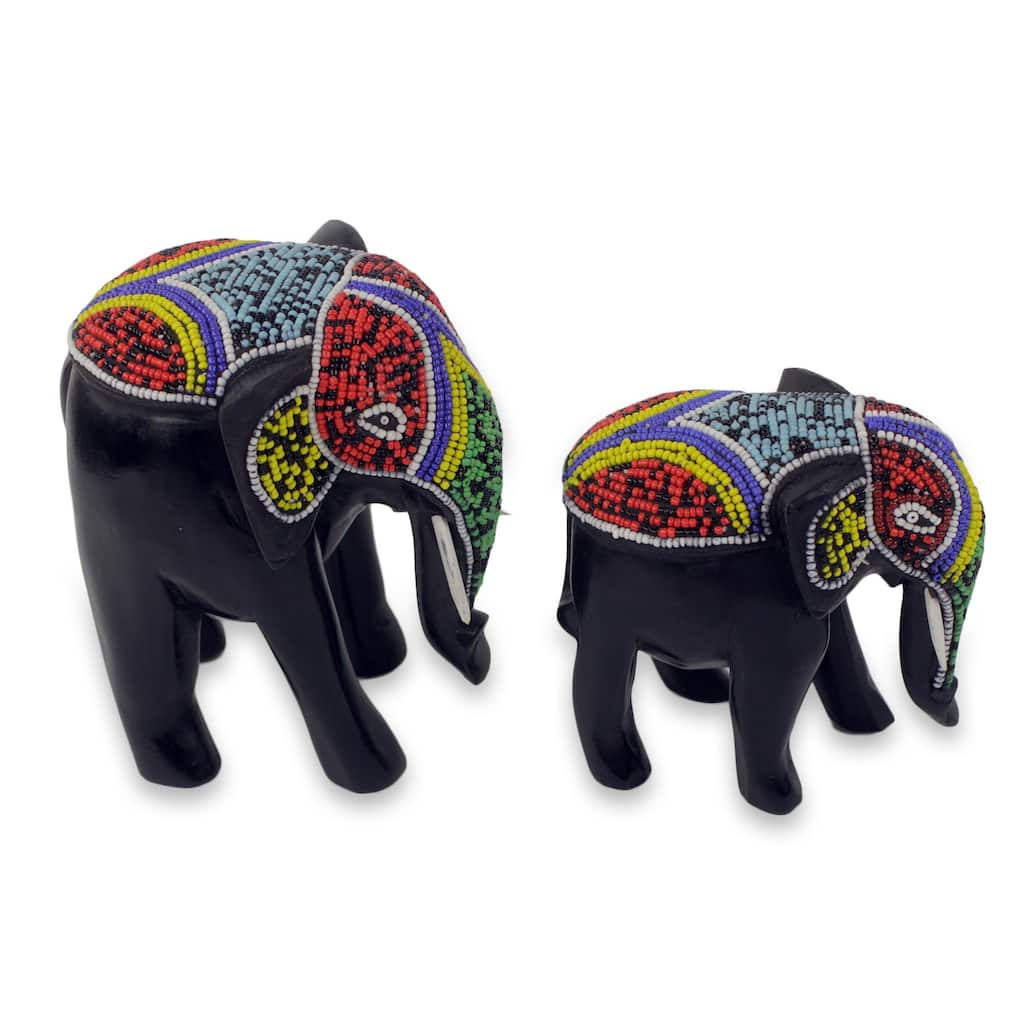 Novica Handmade Colorful African Elephants Wood Sculptures (Pair)
