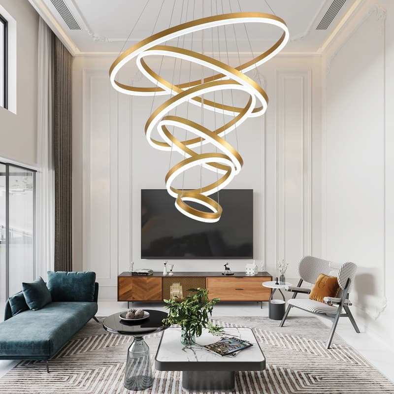 Modern Led Chandelier Gold 6 Ring Chandeliers for Foyer High Ceiling