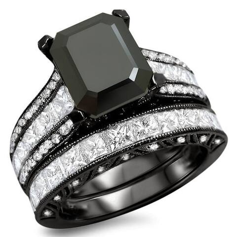 18k Black Rhodium White Gold 5 & 3/4ct Black Emerald Cut Diamond Engagement Ring Bridal Set