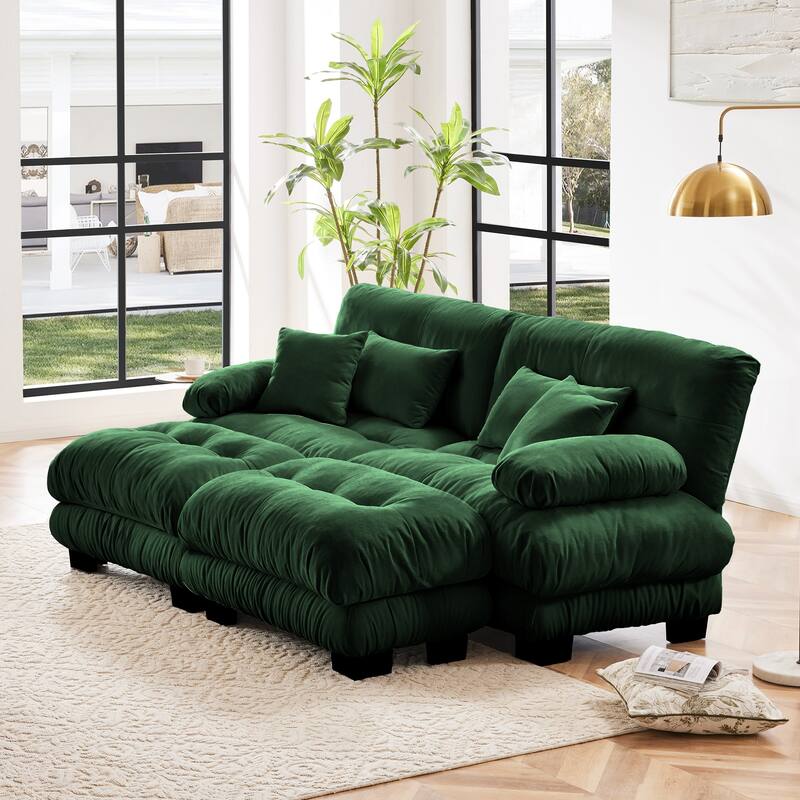 Rossetta Exquisite Stylish Design Chenille Cloud Look Couch Sectional Wide Arm Sofa with 2 Convertible Ottomans, and Pillows - Green