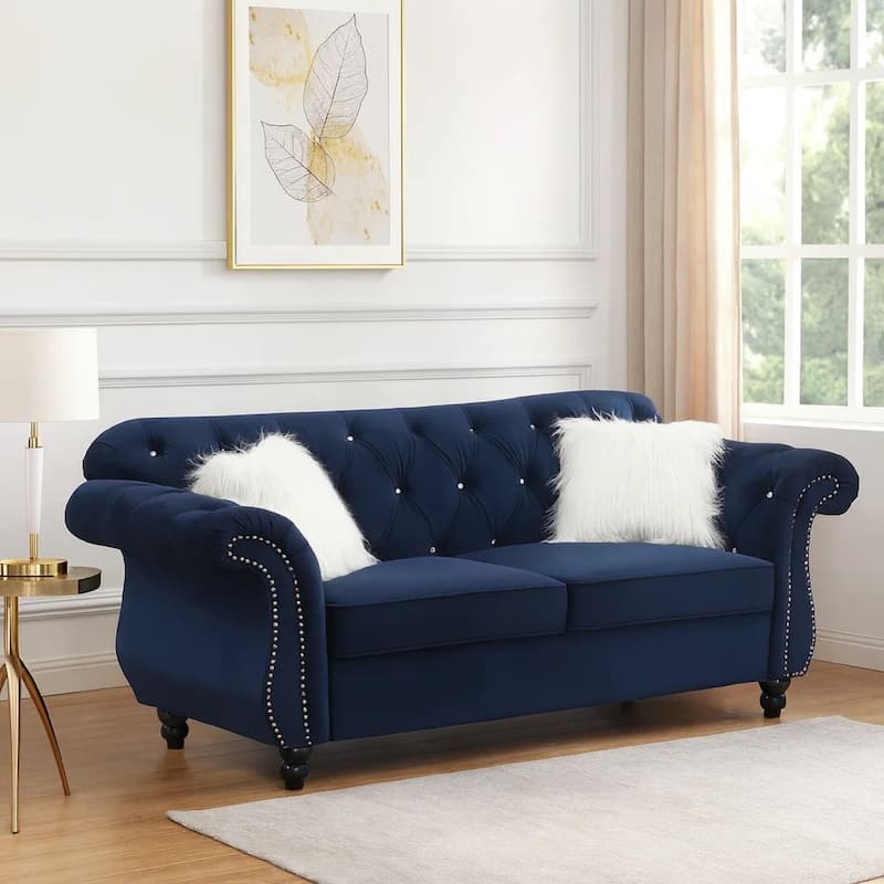 77 Inches Nailhead Trim Velvet Loveseat with Crystal Tufting, Blue