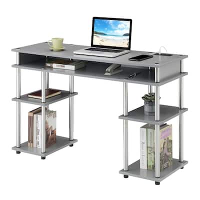 Student Desk with Charging Station & Shelves - Modern Study Table, Gray Finish, USB Port, Easy Assembly