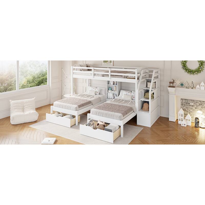 Roomfitters Twin Over Twin and Twin Triple Bunk Bed with Drawers and Storage Shelves