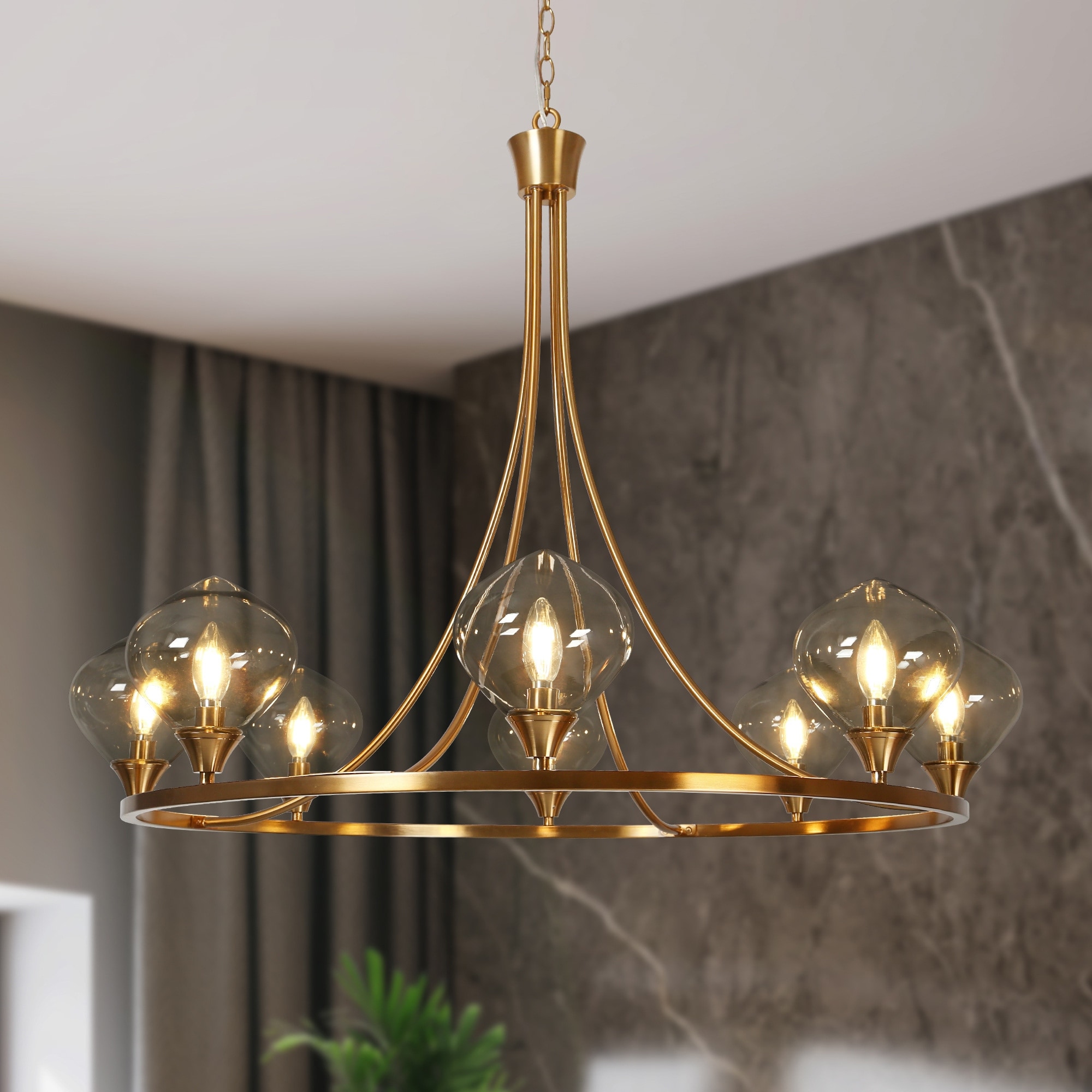 LALUZ Modern Glam 8-Light Warm Brass Wagon Wheel Chandelier Globe Glass Foyer Large Foyer Pendant - D 39.3" x H 31.8"