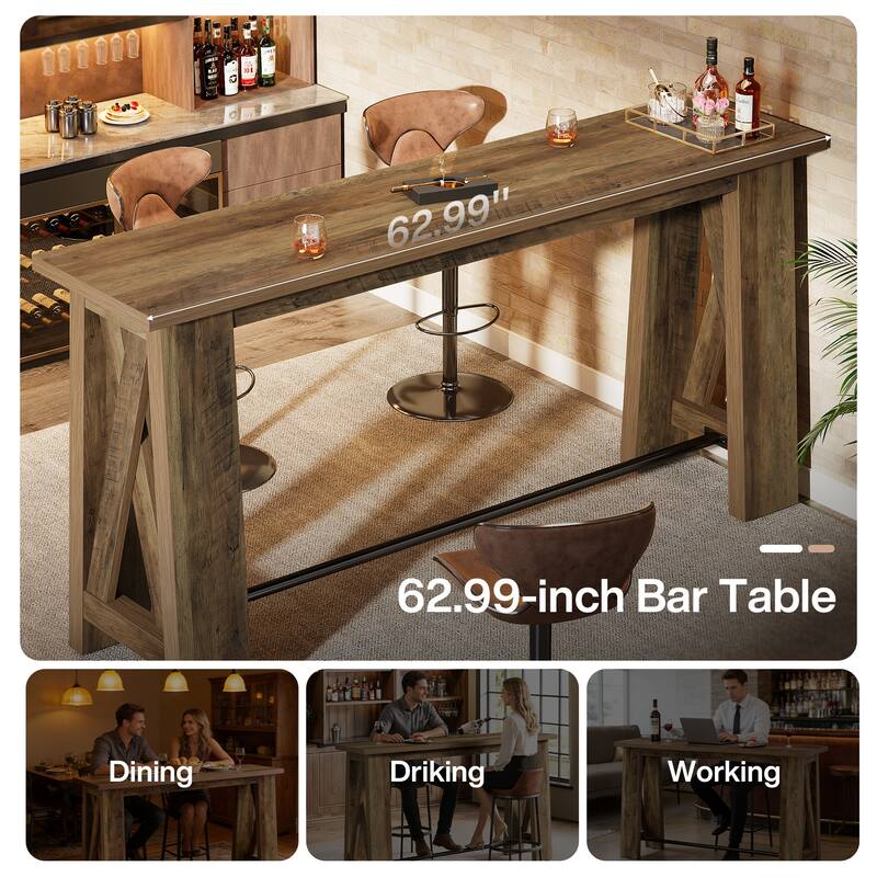 Bar Table with Metal Footrest, 63" Counter Height Pub Table