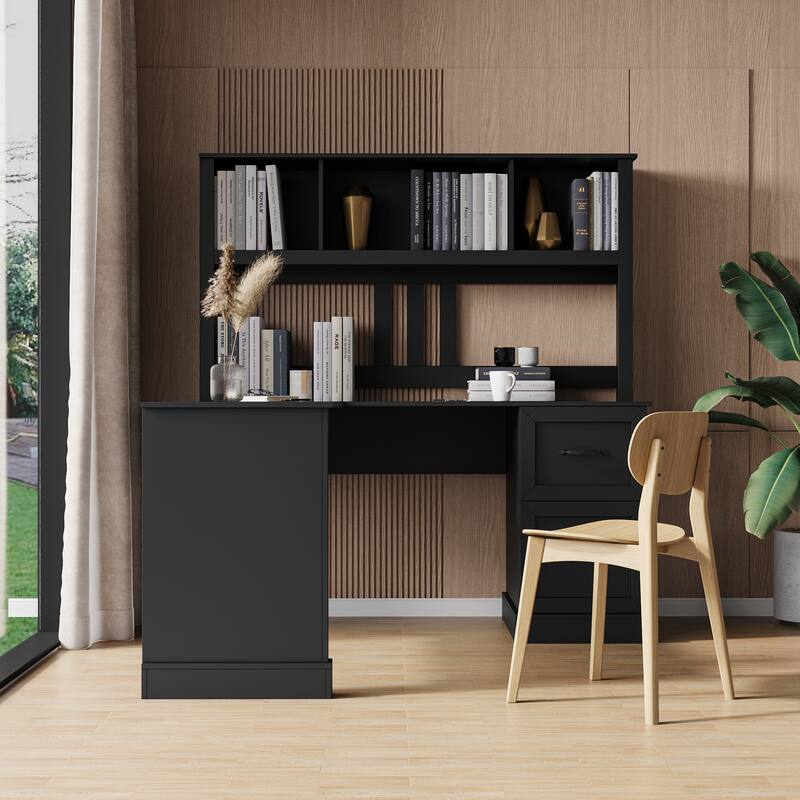 Roomfitters L-Shaped Home Office Computer Desk with Hutch, Corner Workstation with Drawers and Shelves - Black