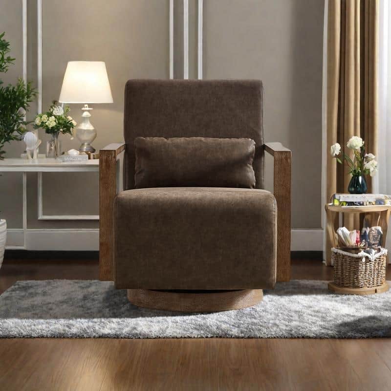 PU Leather Swivel Arm Chairs with Solid Wood Armrests - Coffee