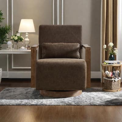 PU Leather Swivel Arm Chairs with Solid Wood Armrests