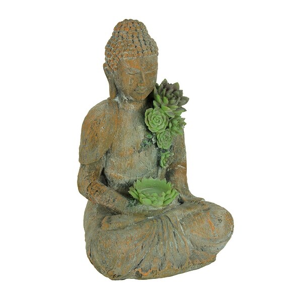 Antique Stone Finish Sitting Buddha Tealight Holder Statue - 13.4 X 9.3 X 8.3 inches